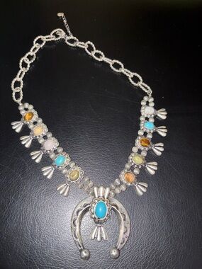 Turquoise Multi-Stone Squash Blossom Necklace - Silver Tone